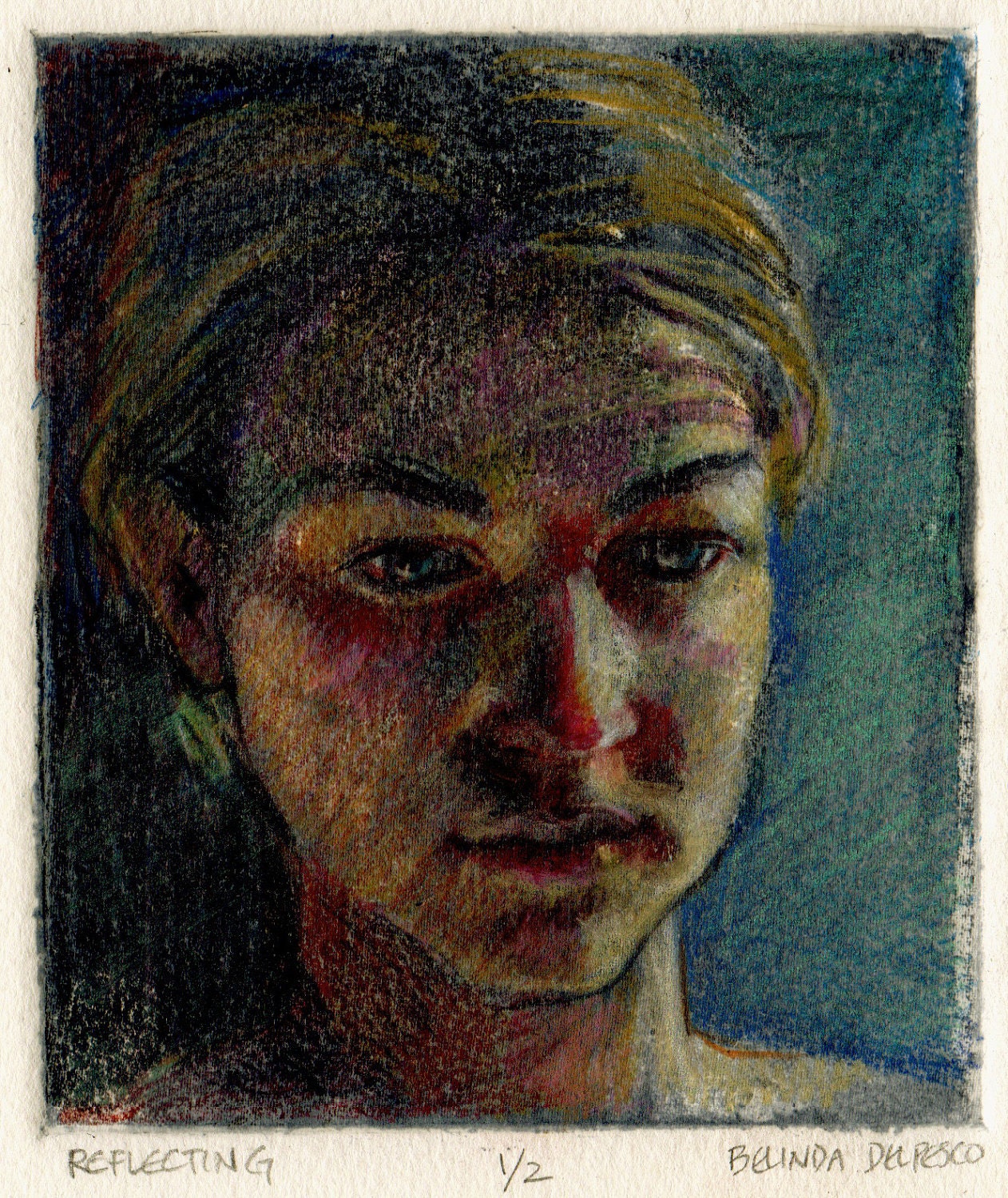 Original Framed Art Silk Aquatint with Colored Pencil Printmaking Young Woman's Face Reflecting Portrait