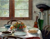 Original Framed Watercolor Interior Dining Music Guitar Latin Flowers DelPesco