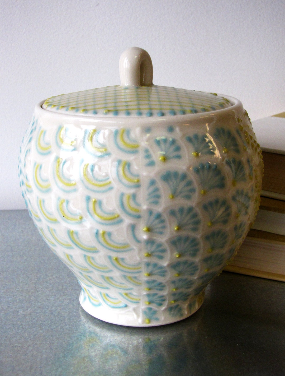 SALE Large Jar of Chartreuse and Turquoise