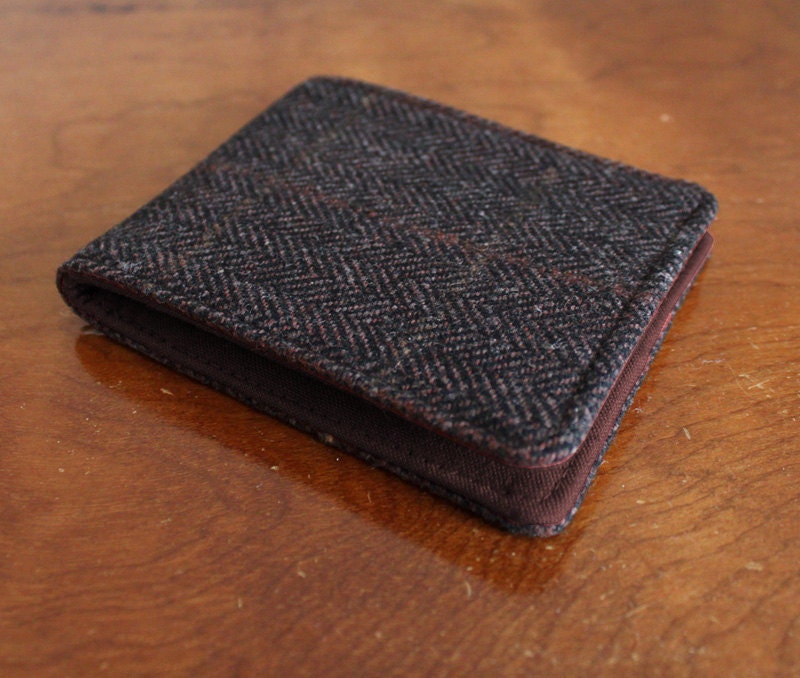 Minimalist Mens Wool Wallet in Brown Herringbone Wool 5 Pockets