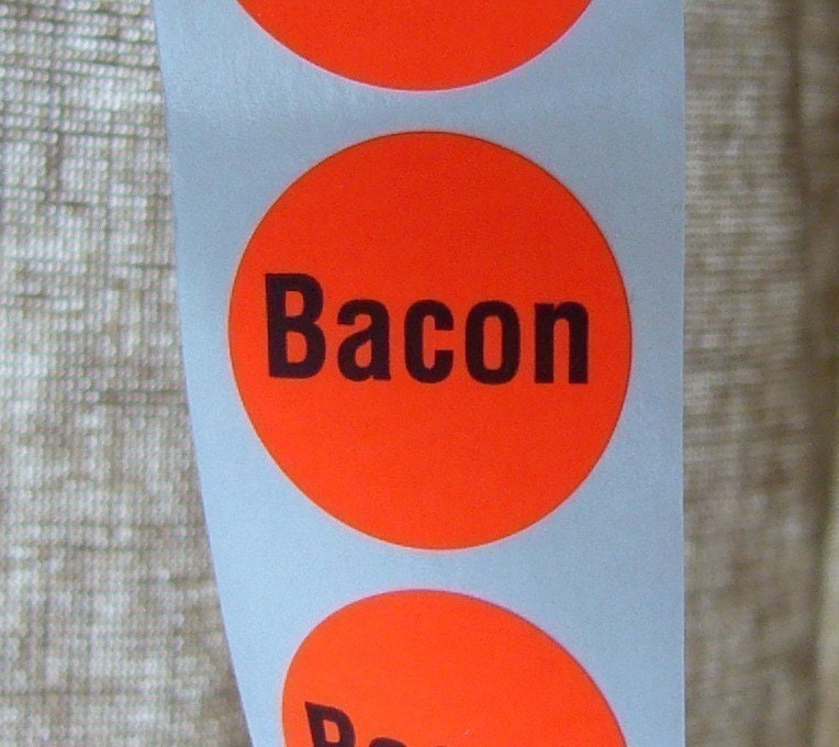 80 'Bacon' stickers, orange, round, for your bacon-labeling needs, SALE