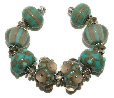Lampwork beads - Turquoise and Khaki - handmade lampwork bead set by K. Urato SRA
