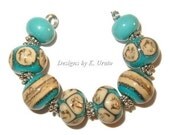 Lampwork beads - Silvered Ivory on Turquoise - handmade glass bead set by K. Urato SRA
