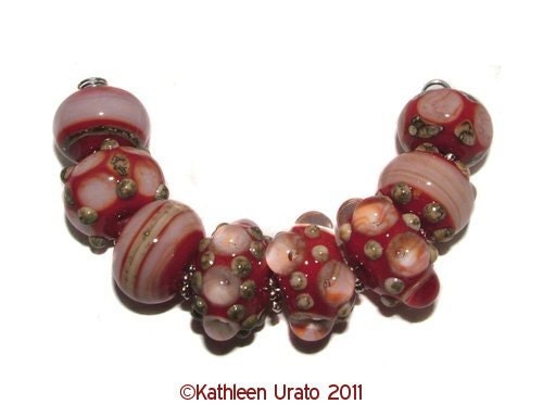 Ready to Ship - Red organics - handmade lampwork bead set by K. Urato SRA