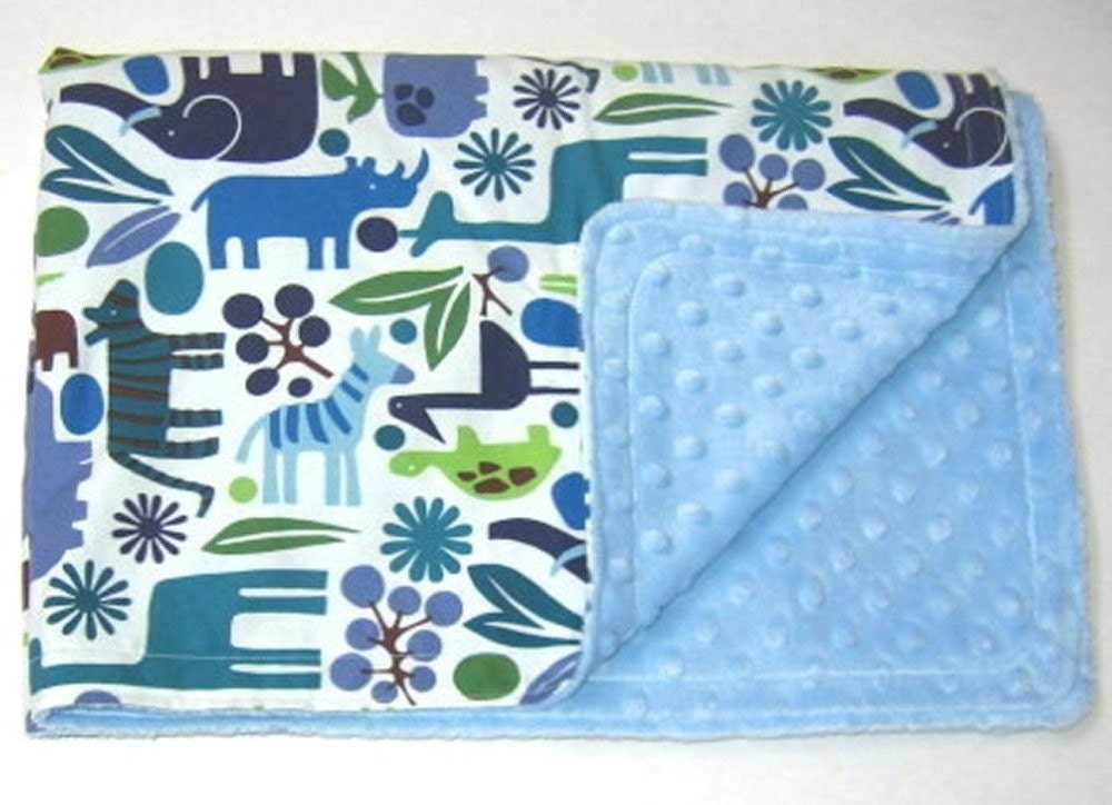 Baby Boy Minky Blanket - 2 D Zoo and Blue Minky Dot