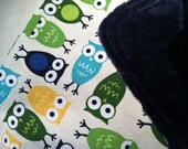 Baby Boy Minky Security Blanket - Blue Owls with Blue Minky Dot