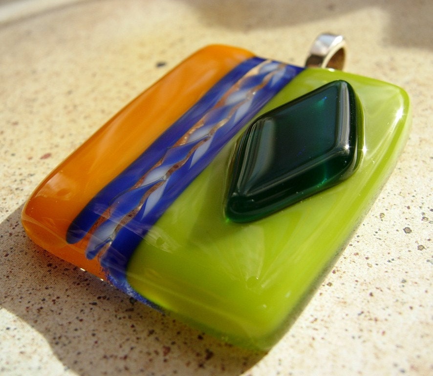 Orange, lime green, cobalt collage fused glass pendant