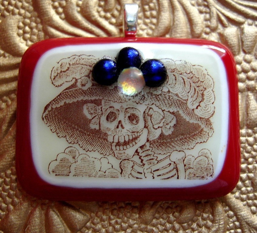 Dia de los Muertos Katrina red fused glass pendant