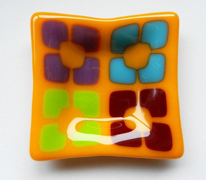 Multicolor flowers on orange fused glass mini plate