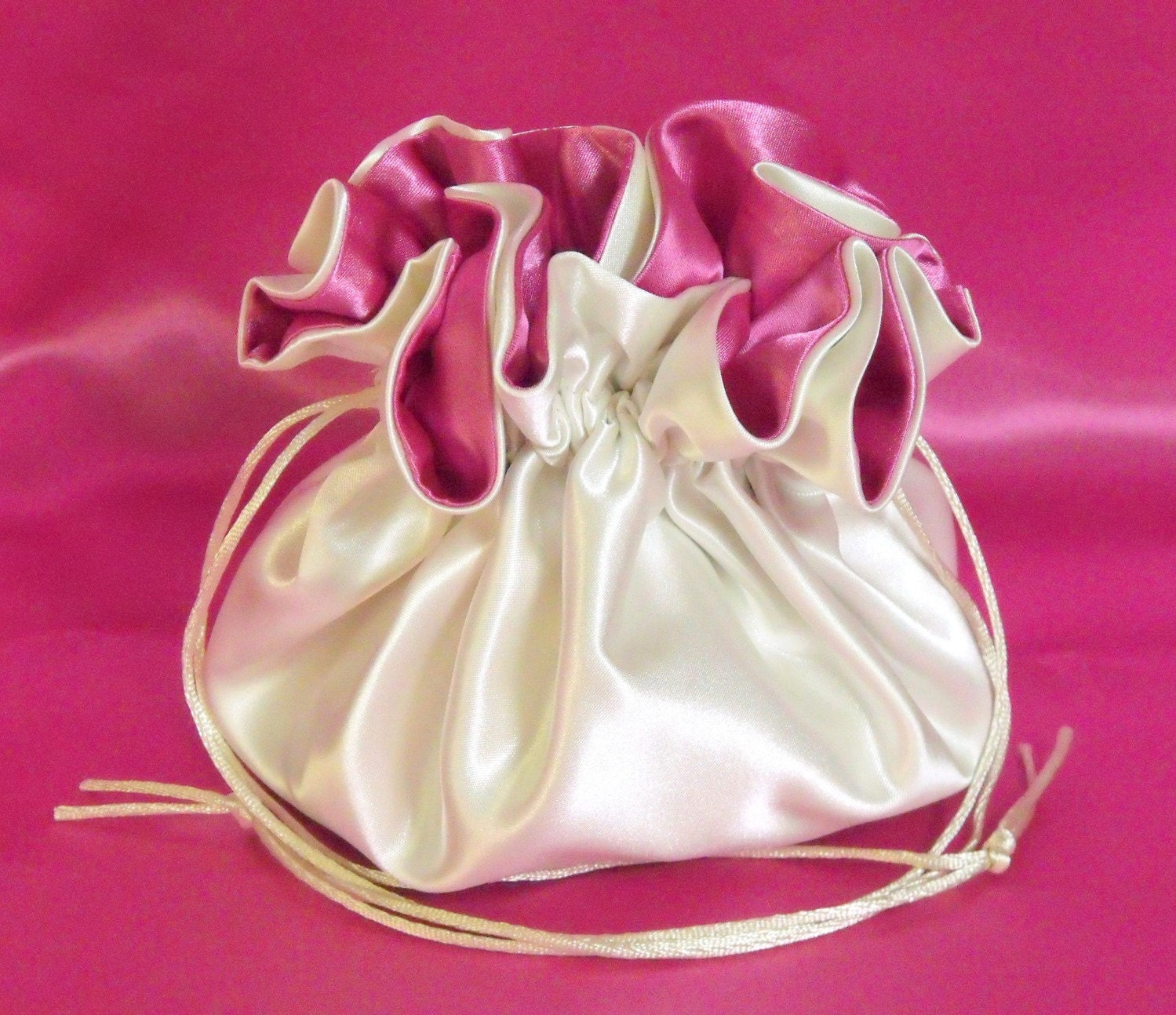 Wedding Bag Satin Bridal Money Purse Dollar Dance Ivory and Fuchsia...No Pockets