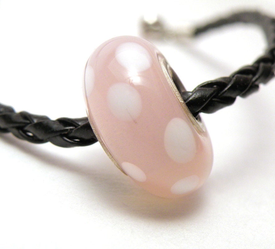 Lampwork Bead Handmade Artisan Glass - Bubble Gum Pink Polka Dots - Charm Bracelet Big Hole Bead - SRA
