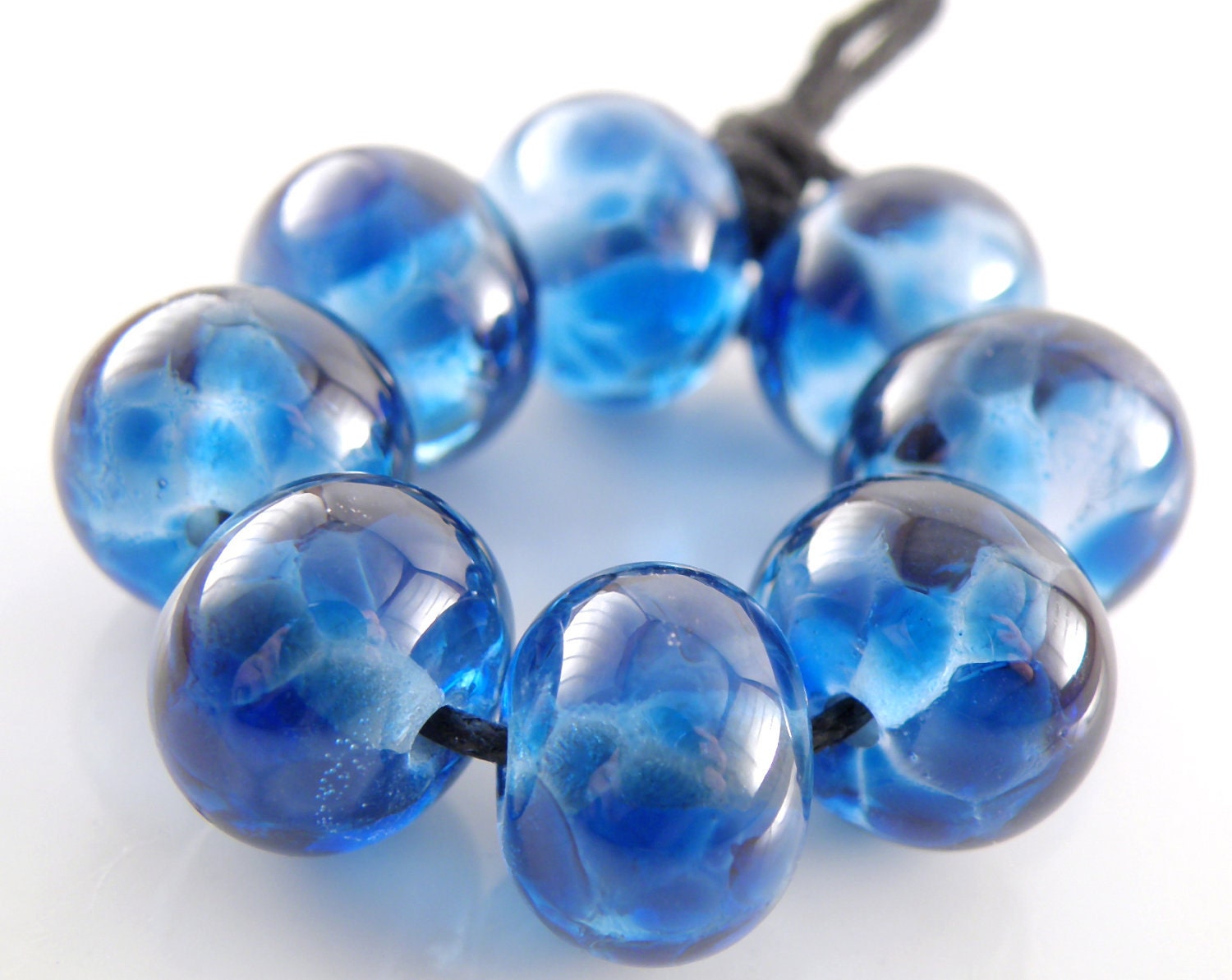 Midnight on the Water - Handmade Artisan Lampwork Glass Round Beads 8mmx12mm - Blues - SRA (Set of 8 Beads)