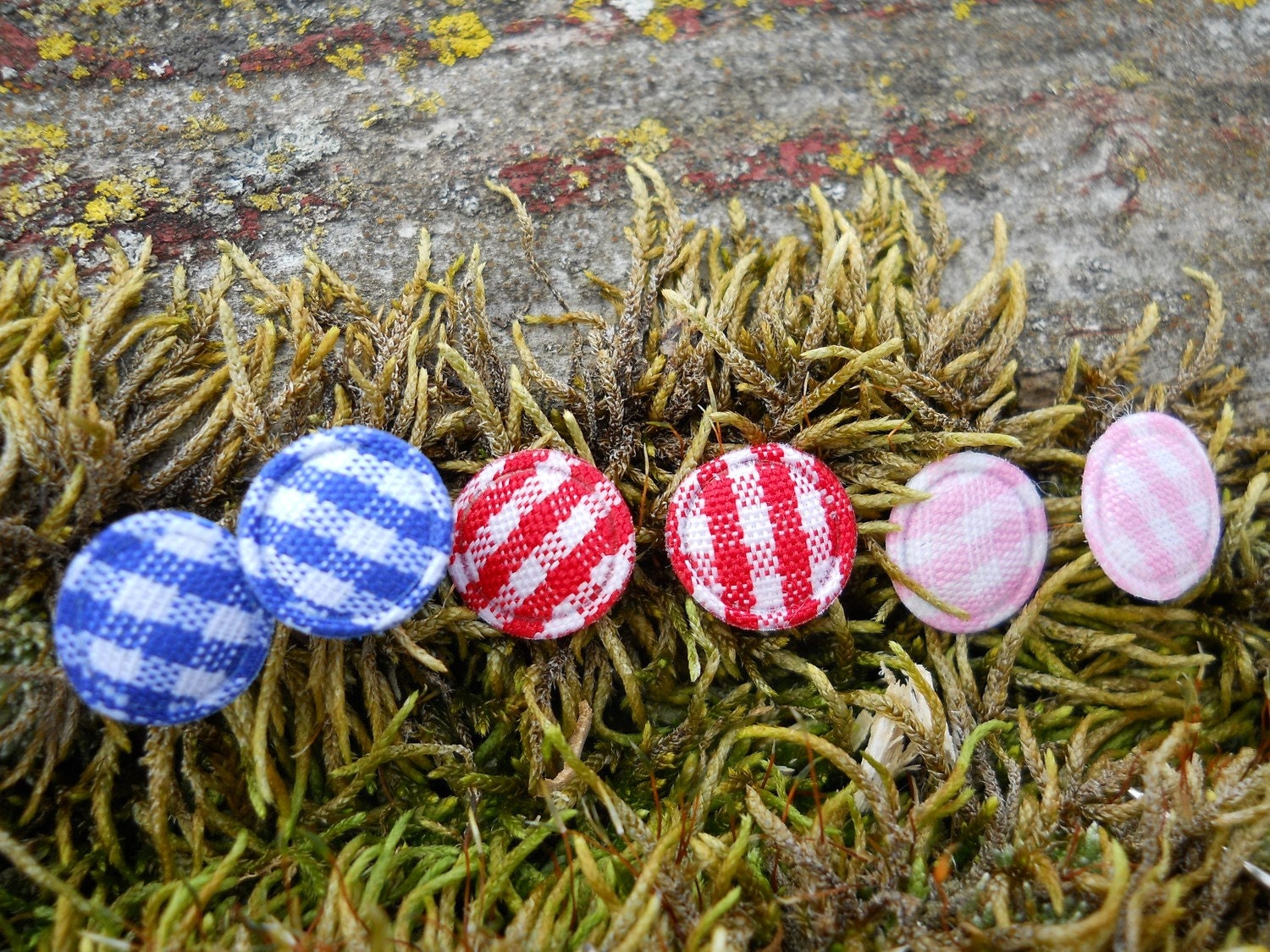 Checkered Fabric Button Post Earrings   Red Rockabilly Pink and more