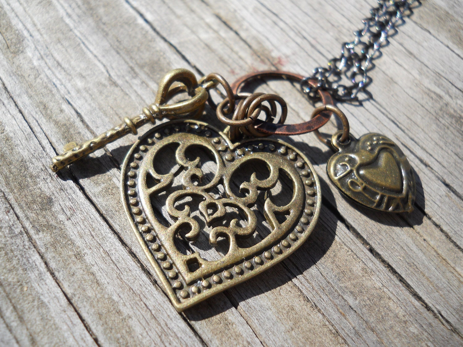 Key to my Hearts Brass Charm Necklace Vintage Inspired