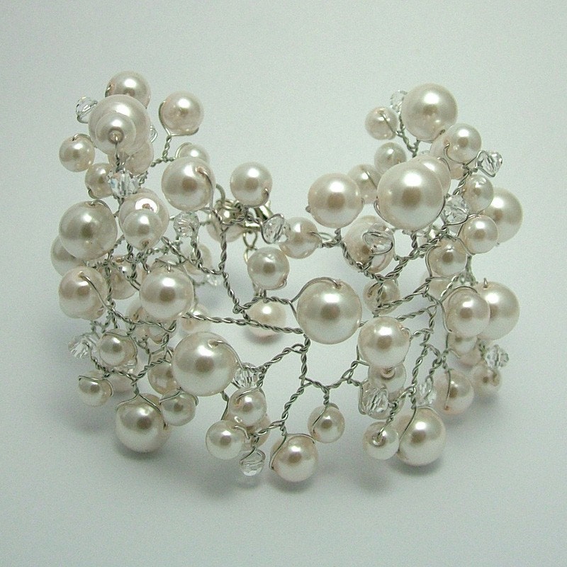 Bridal Cuff - Bridal Pearl and Crystal Vine Cuff Bracelet