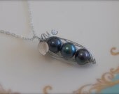 3 Peas in Dark Blue Peacock Pearls Pea Pod Necklace