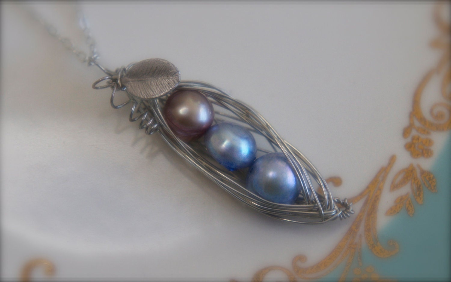3 Peas in Mauve and Blue Pearls Pea Pod Necklace