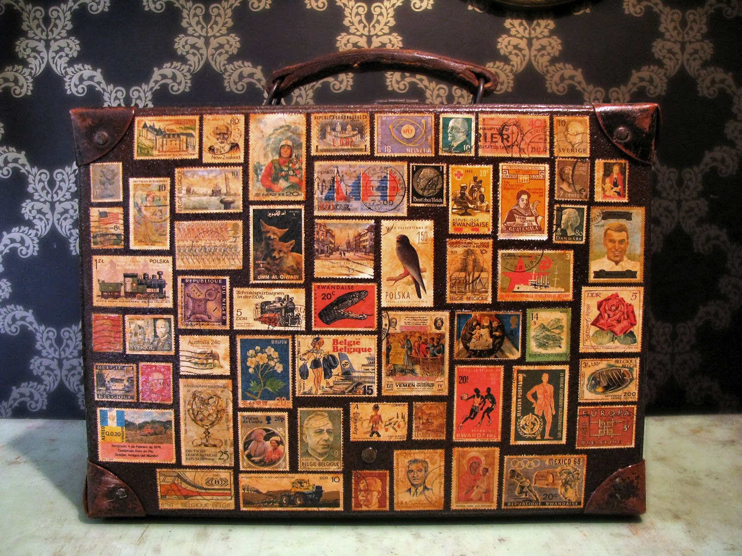 Around the World in 80 Stamps Vintage Travel Luggage Suitcase