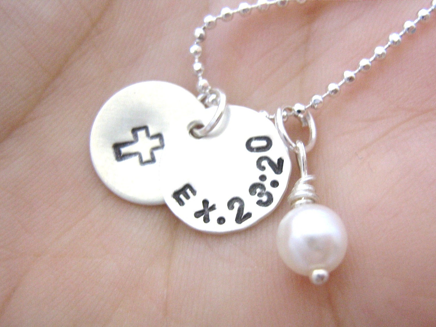 Missionary Necklace - Custom Hand Stamped Sterling Silver Necklace with two small discs and pearl