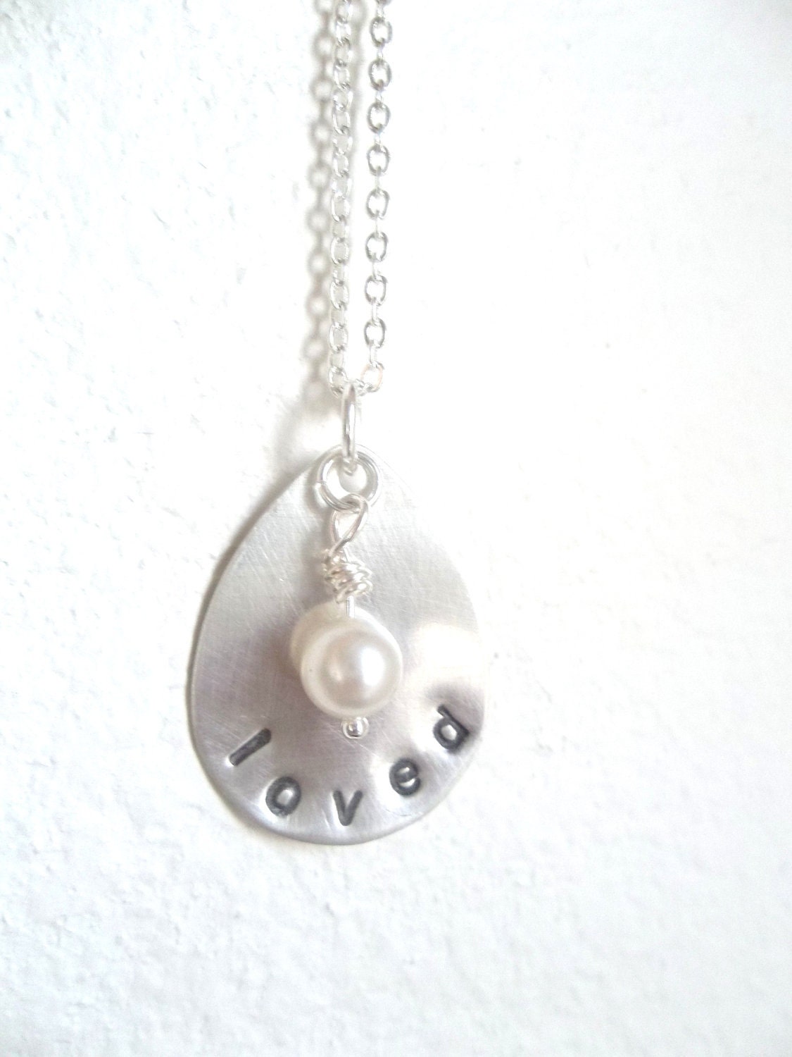Personalized Hand Stamped Teardrop Sterling Silver Necklace with vintage pearl
