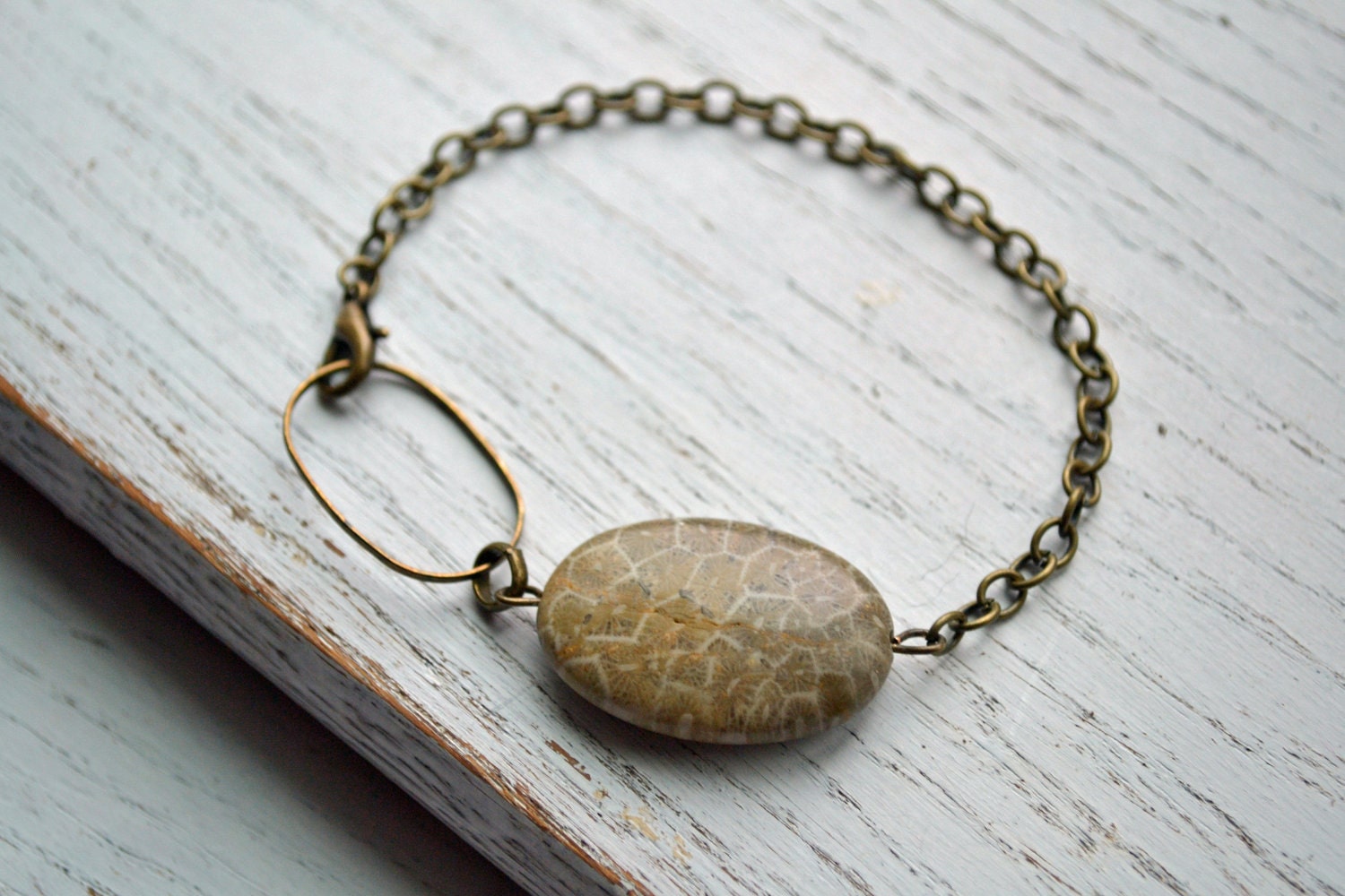 Fossilized Coral Stone Bracelet with Antique Bronze Chain