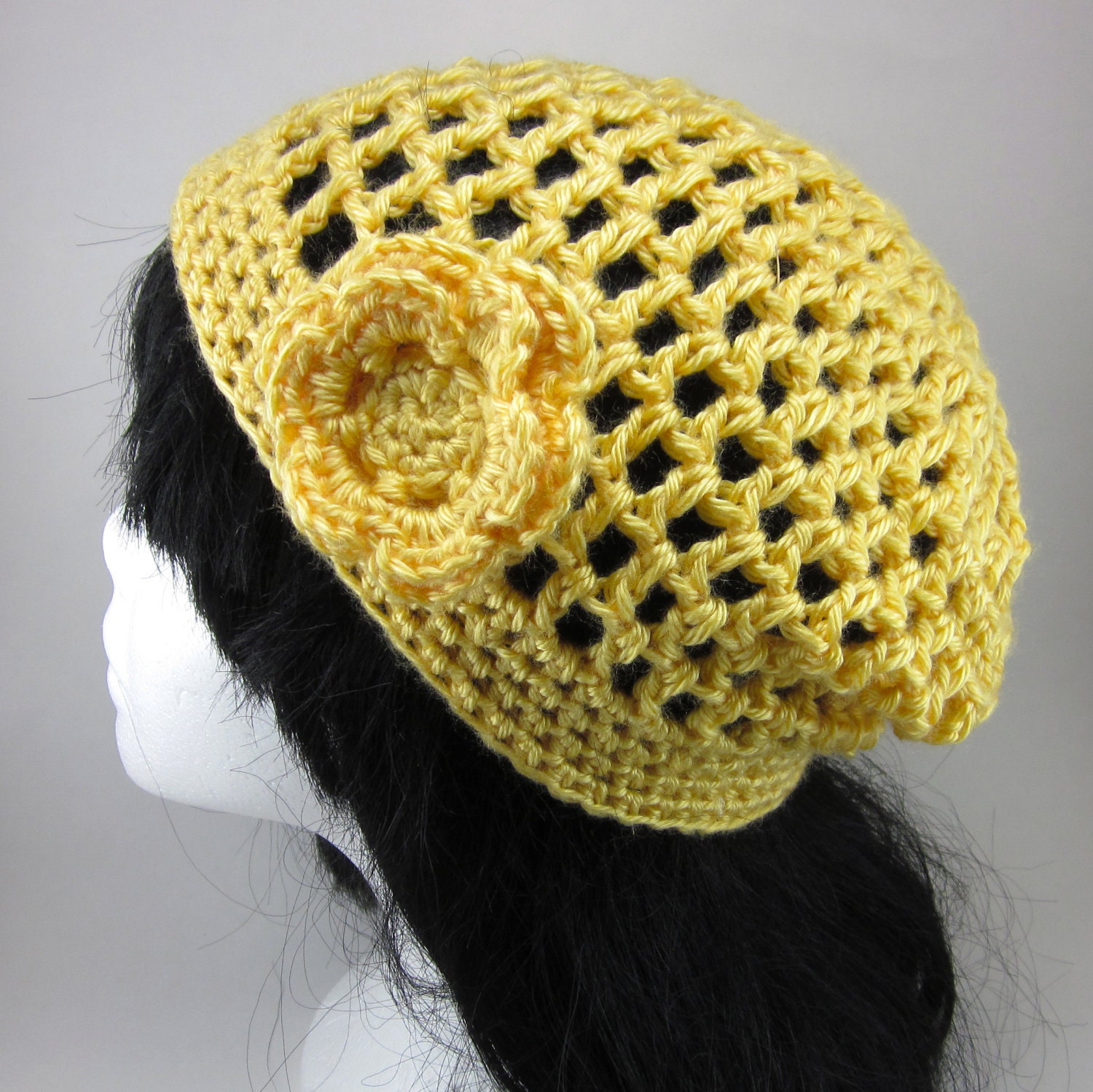 Lacy Crochet Hat with Medium Flower Clip - Women Crochet Hat - Yellow Spring Hat