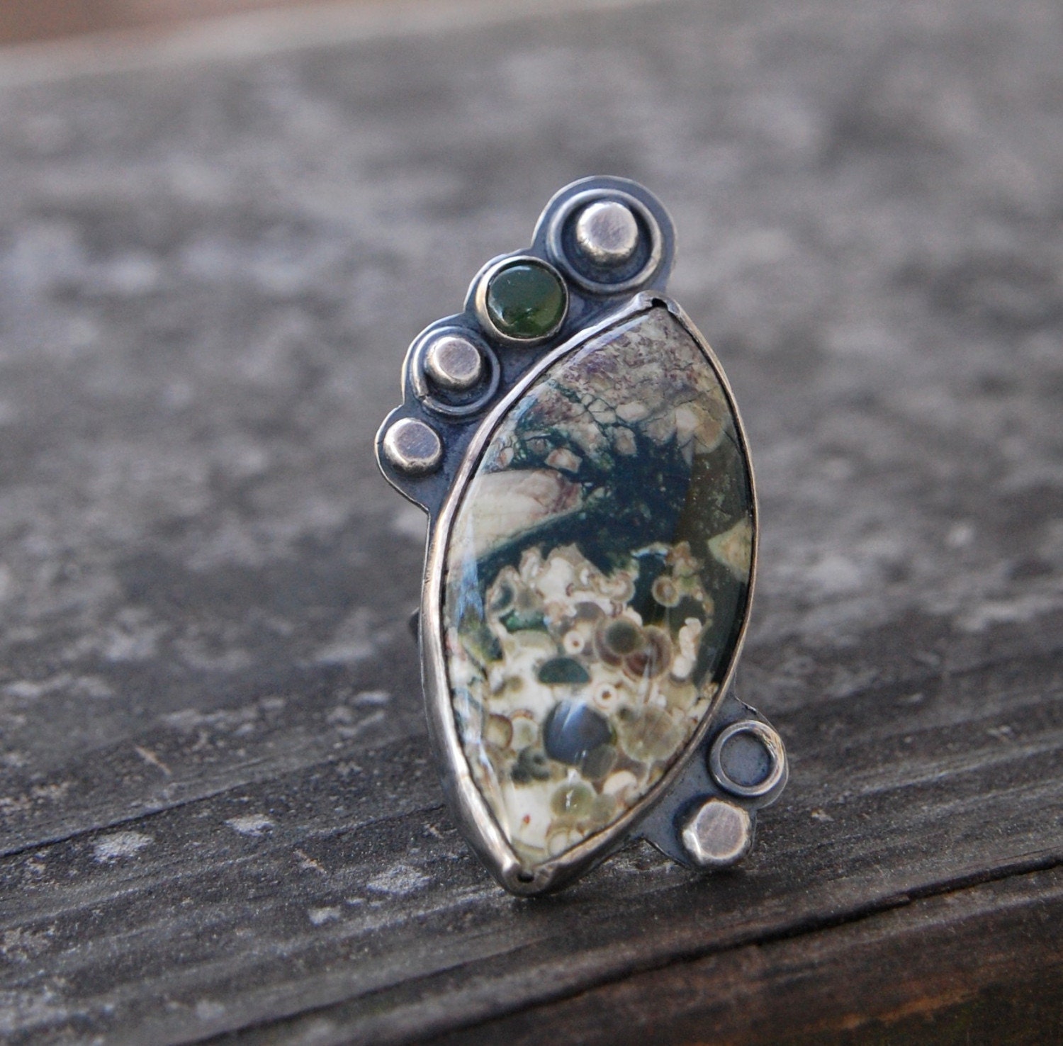 rainforest cocktail ring - sterling silver and spiderweb agate