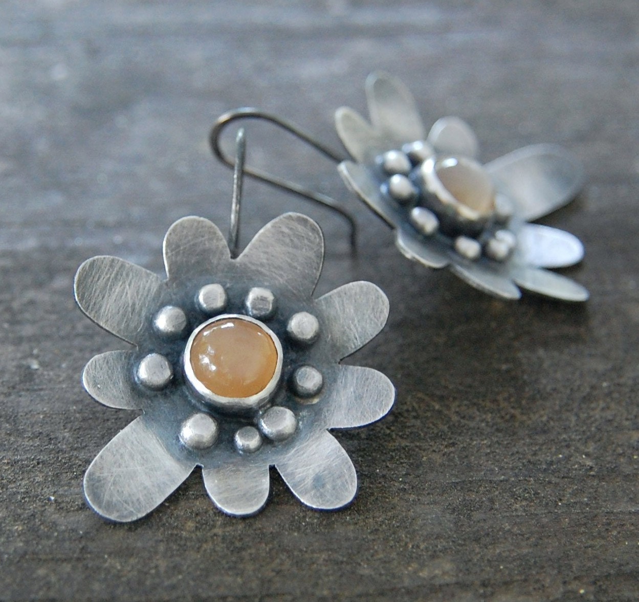 dahlia earrings - sterling silver and peach moonstone - wildflowerdesigns