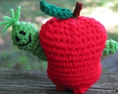 Whimsey the Green Worm and his Red Apple - Crochet Amigurumi