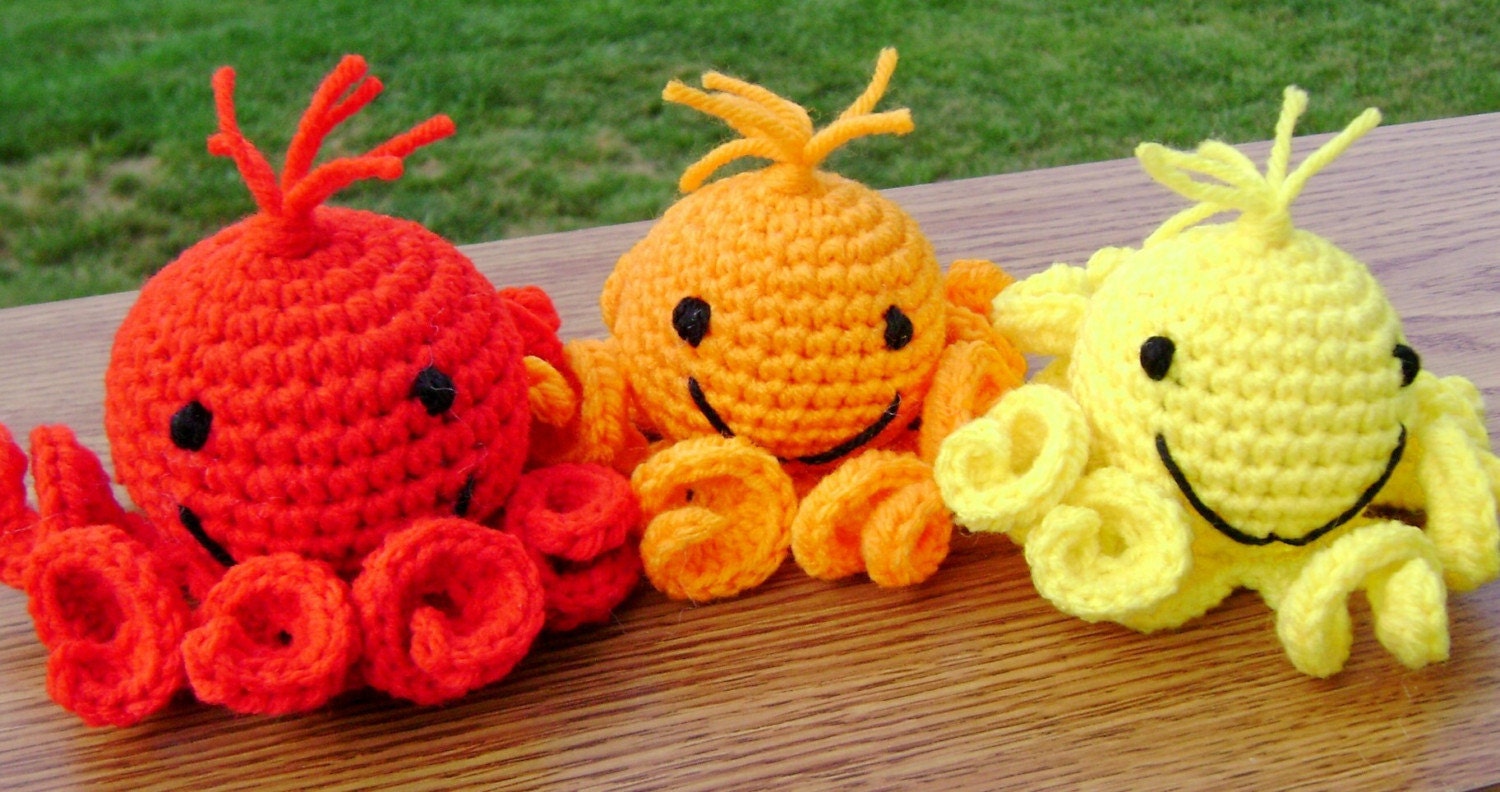 A Rainbow of Octopi - solid colored crocheted amigurumi