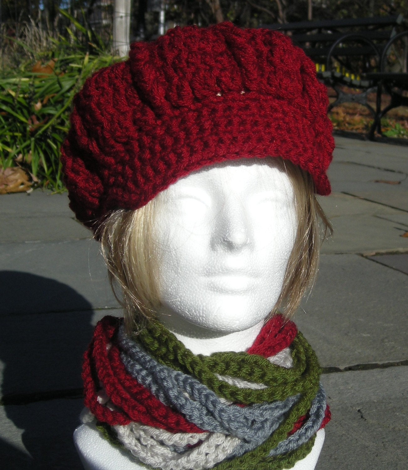 Red Crocheted Hat - Cranberry Red Hat- Crocheted Newsboy Hat