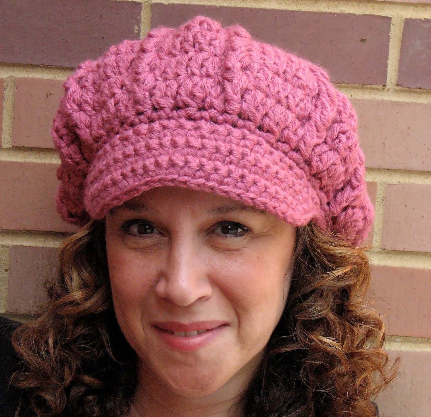 Rose Colored Newsboy Hat - Honeysuckle Pink Crocheted Hat