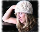 Crocheted Chunky Cream Hat with Beautiful Flower