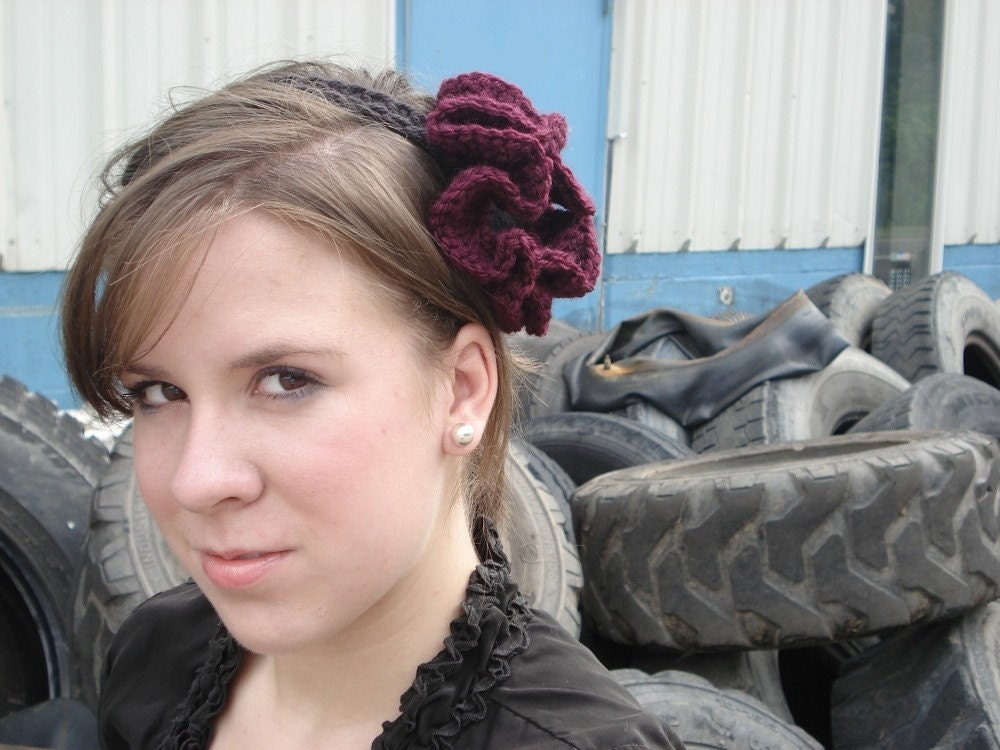 Crochet Headband - Large Maroon and Chocolate Ruffle - Couture