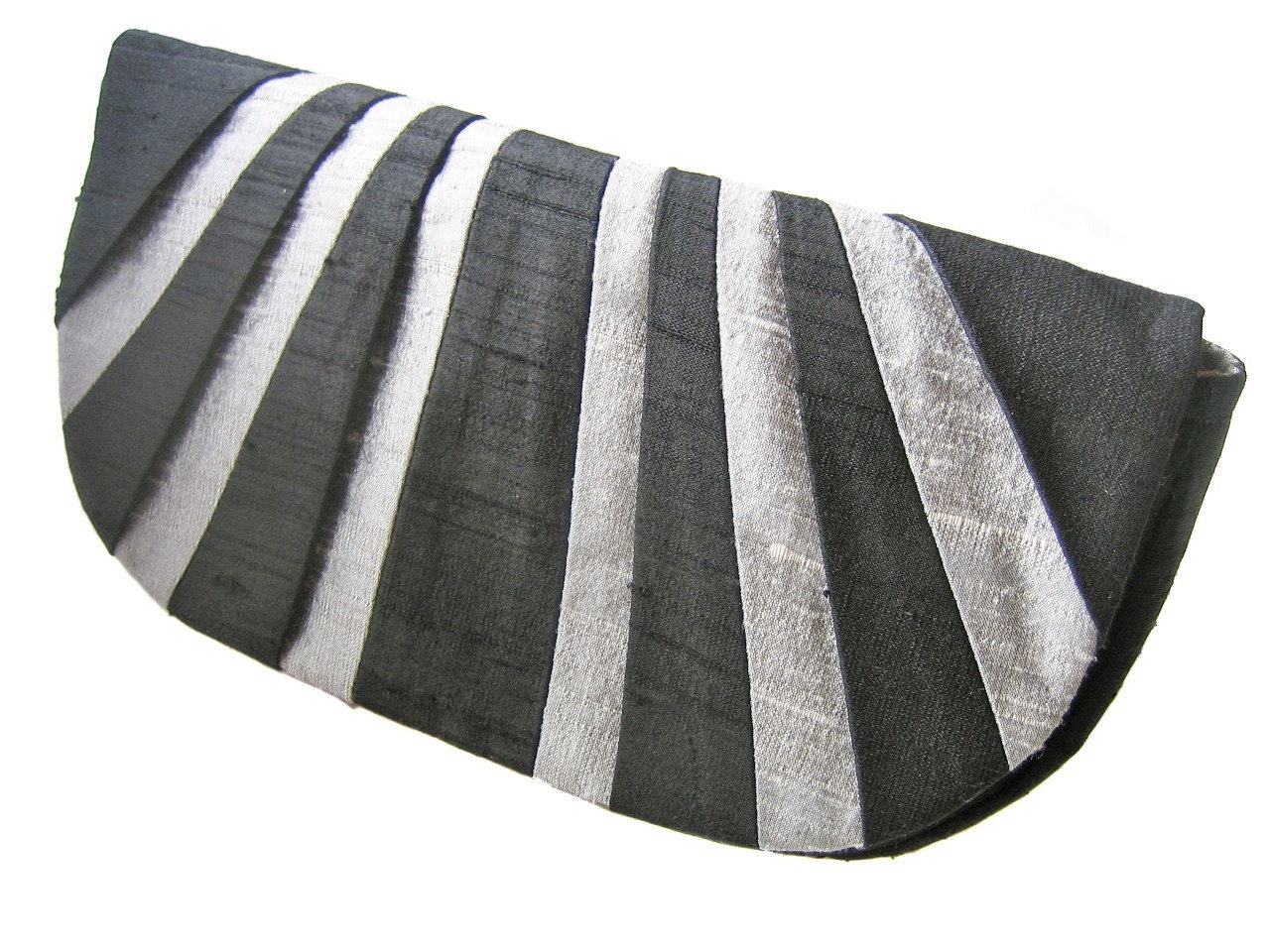 Black and Pewter Pleated Silk Clutch Purse