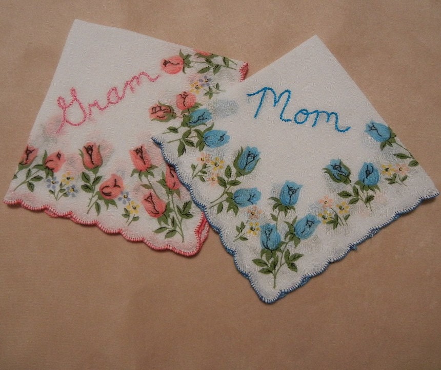 Hand Embroidered MOM and GRANDMA Handkerchiefs -- Hankies with Embroidery For Your Bridal Party