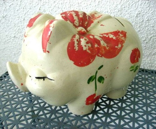 40s McCoy Vintage Piggy Bank - Pottery Pig - Collectible Painted Piggie Bank - Chippy Paint - Shabby Cottage Chic