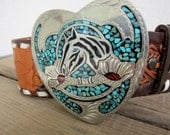 Wil Aren Cowgirl Horse Heart Belt Buckle & Vintage Tooled Leather Western Rodeo Belt - Gypsy Cowboy - Tommie Love Wil Aren Originals 30