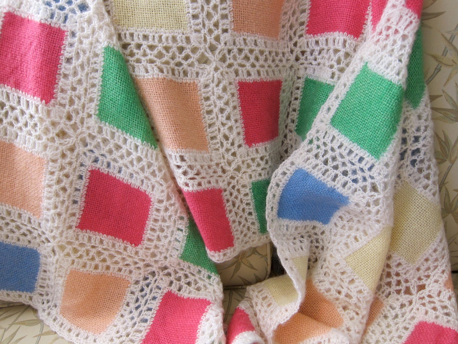 RESERVED Vintage Afghan Blanket Soft Geometry Squares - Cozy Woven Wool - Pastels Crochet Blankie - Shabby Cottage Chic