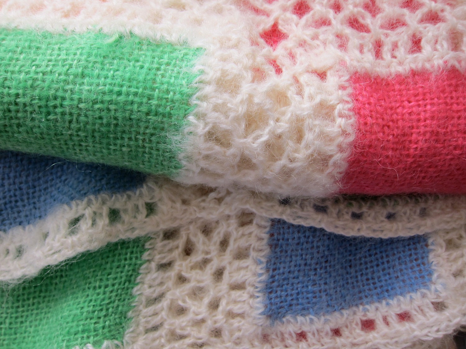 RESERVED Vintage Afghan Blanket Soft Geometry Squares - Cozy Woven Wool - Pastels Crochet Blankie - Shabby Cottage Chic