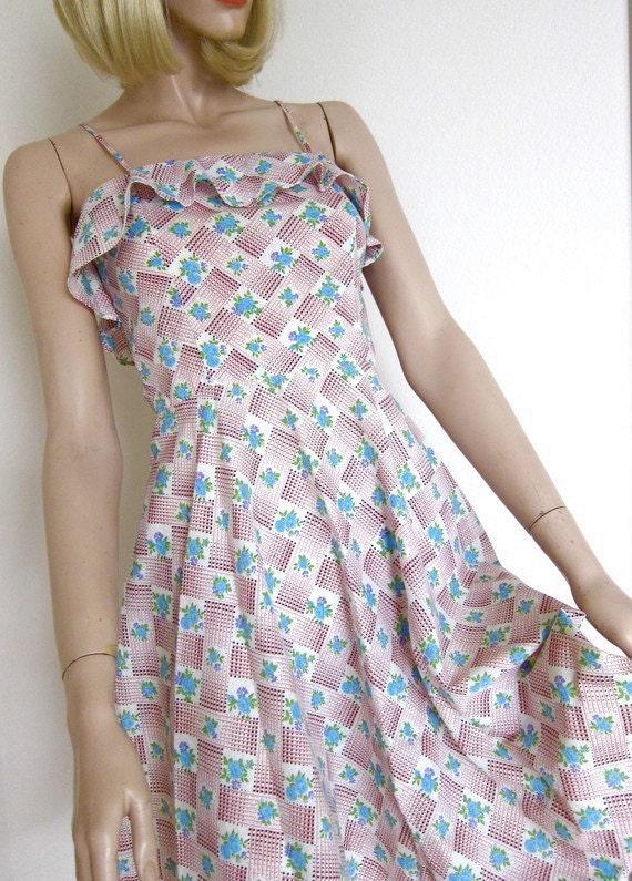 70s Sundress Blue Roses Dress Vintage - Foxy Floral - Pink Purple - Black & White - XS to S