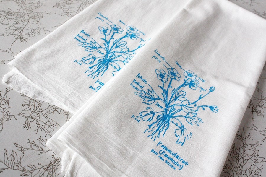 pretty flower tea towels - botanical handprinted towel set - choose your color