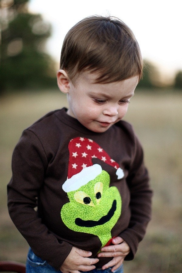 Boys Christmas holiday applique long sleeved shirt   READY TO SHIP in brown