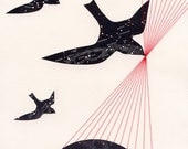 ARCHIVAL PRINT 'Star Birds' / map collage black constellation globe flight travel red thread