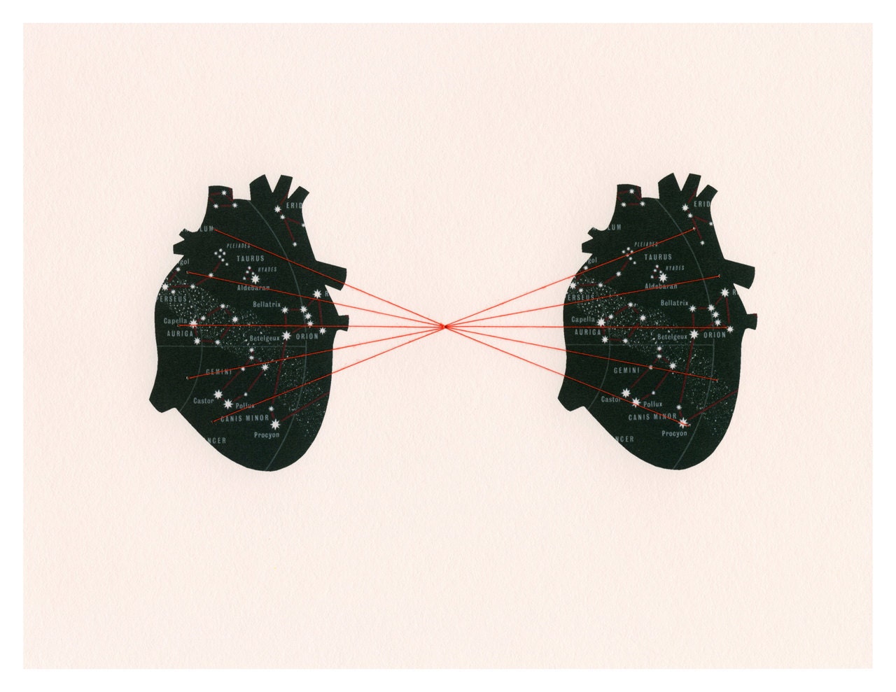 CUSTOM Embroidered Print 'Star Hearts' / map collage astronomy anatomy black red thread