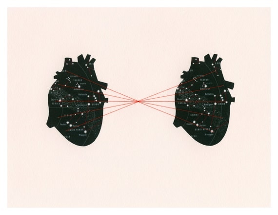 CUSTOM Embroidered Print 'Star Hearts' / map collage astronomy anatomy black red thread