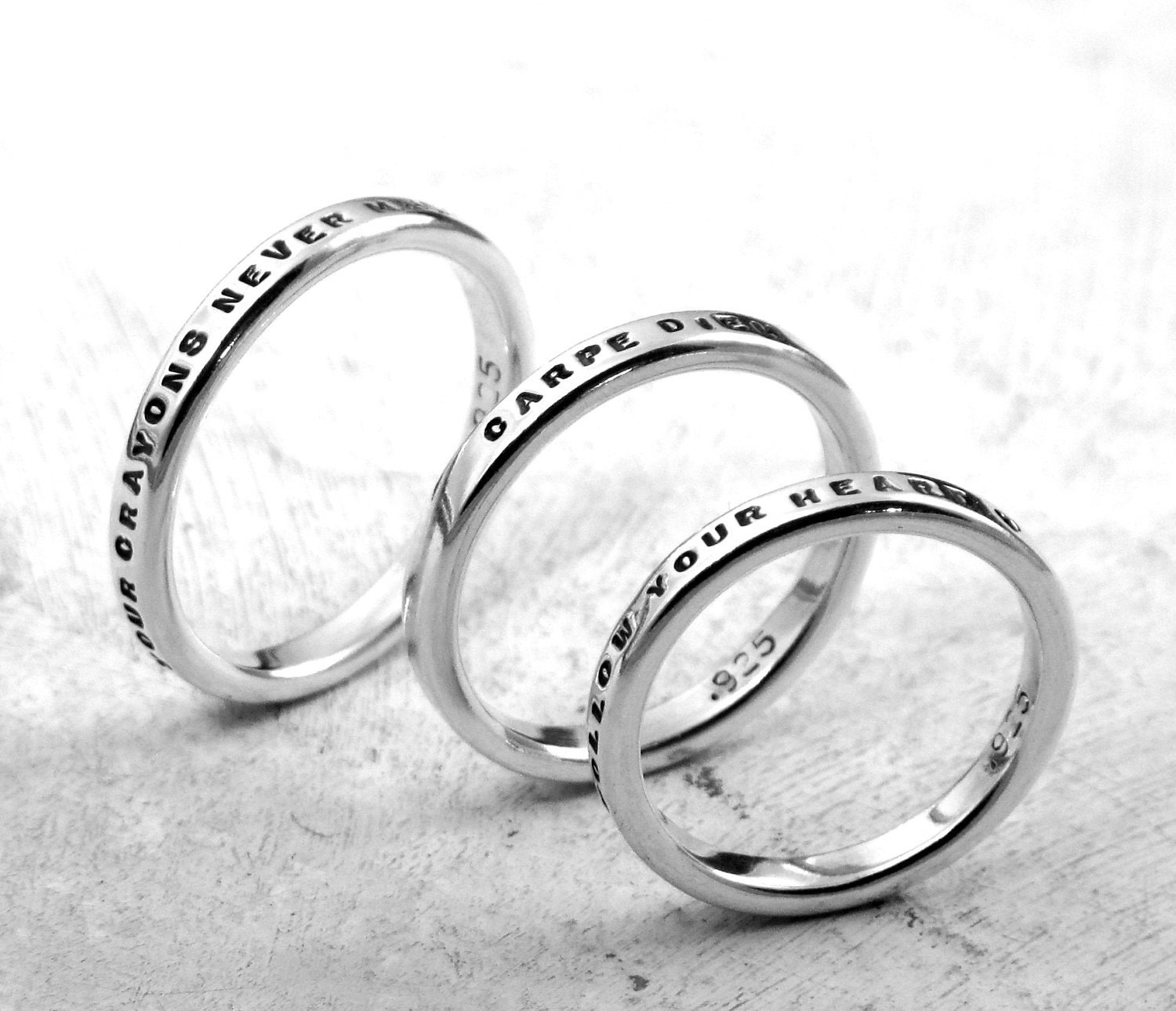 Custom Stamped Ring - aka Smooth Like Butter Posey Rings - personalized in sterling silver by Kathryn Riechert (Tiny Text)