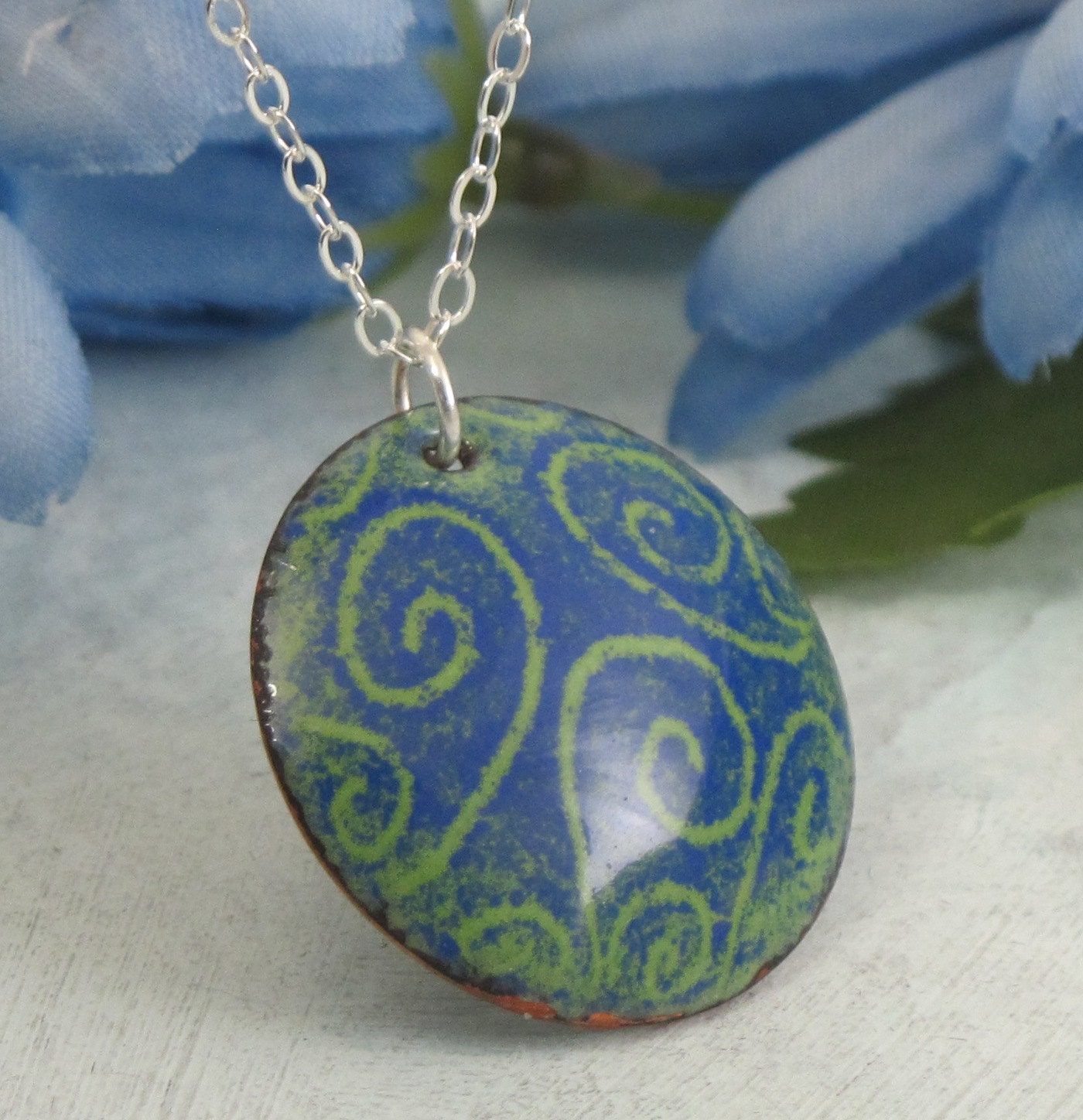 RESERVED Spiral Swirly Necklace - Blue Green - glass enamel over copper with sterling silver chain by Kathryn Riechert