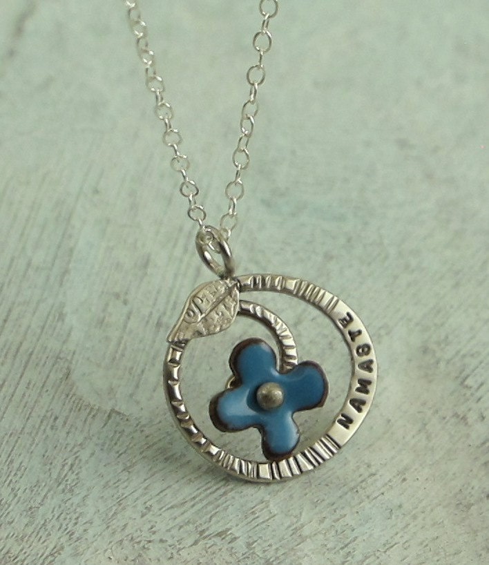 Namaste - Regrowth Necklace with blue flower - in sterling silver with enamel on copper - by Kathryn Riechert