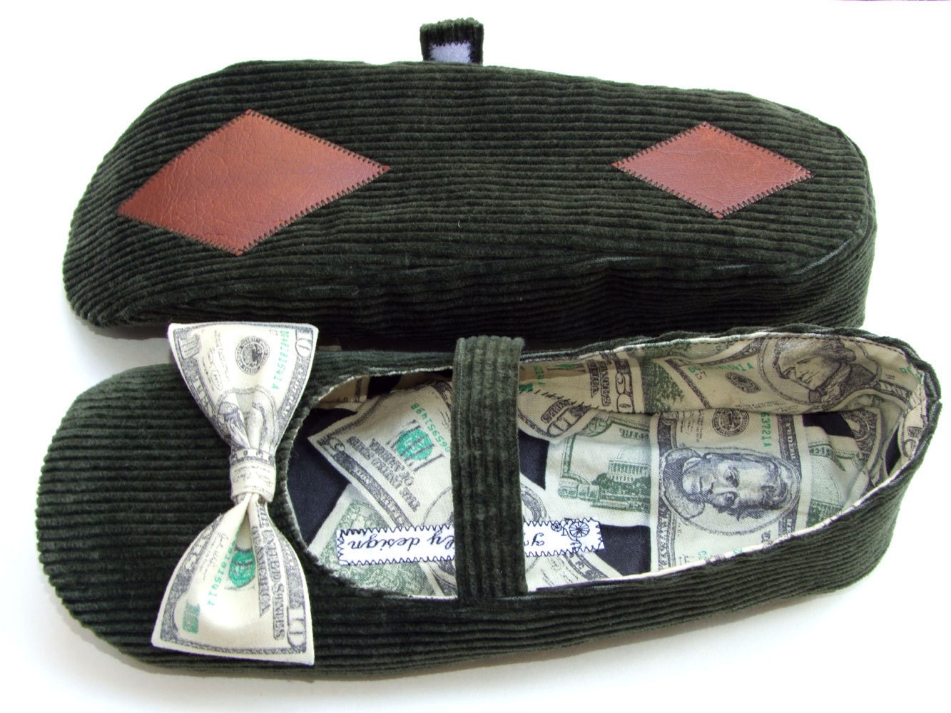 Diamonds on the Soles Of Her Shoes slippers in green corduroy and money print size US 9 to 9.5, UK 7.5, Euro 40